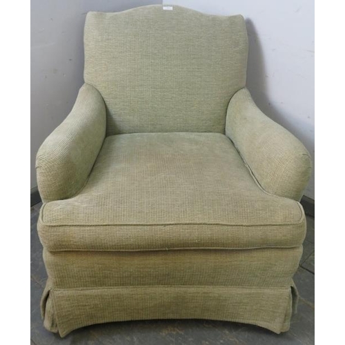 895 - An antique French low and deep club armchair, reupholstered in neutral material, on scrolled ogee su... 