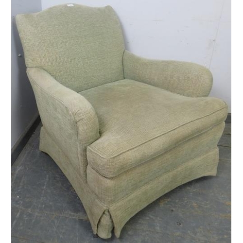 895 - An antique French low and deep club armchair, reupholstered in neutral material, on scrolled ogee su... 