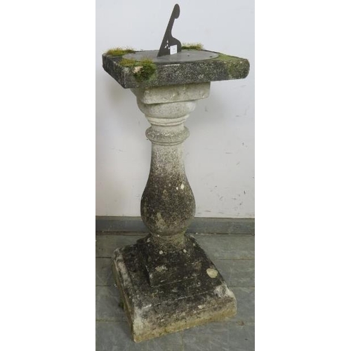 898 - A nicely weathered vintage sandstone sundial, the top with engraved Roman numerals, on a baluster co... 