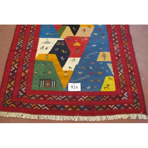 924 - South West Persian Qashqai Kilim rug. A colourful happy rug with styalised animals and bold colours.... 