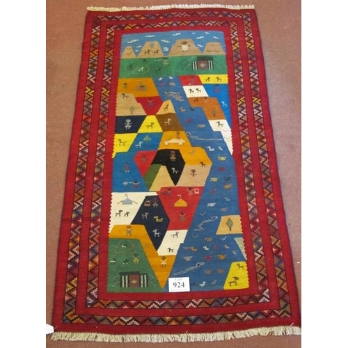 924 - South West Persian Qashqai Kilim rug. A colourful happy rug with styalised animals and bold colours.... 