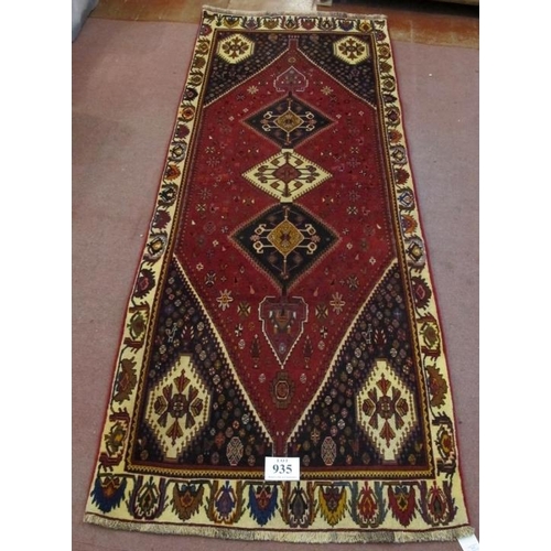 935 - South West Persian Qashqai runner. Central 3 linked diamond motif cream/blue on red ground. 280cm x ... 