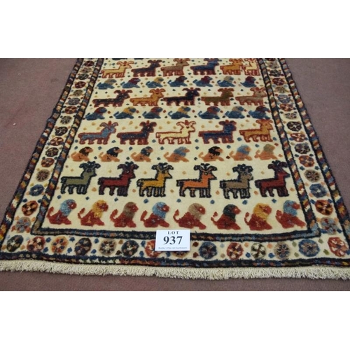 937 - North East Persian Sumak Kilim. Overall pattern of raised wool styalised animals on a cream ground. ... 