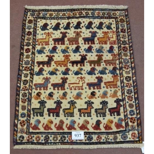 937 - North East Persian Sumak Kilim. Overall pattern of raised wool styalised animals on a cream ground. ... 