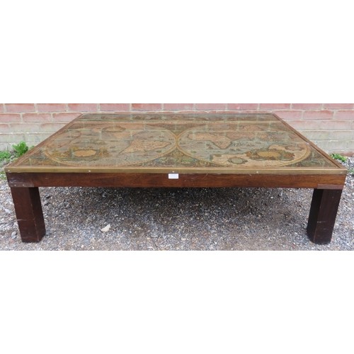 819 - A large vintage mahogany brass bound coffee table, the glass top enclosing a Mappe Mondi (medieval w... 