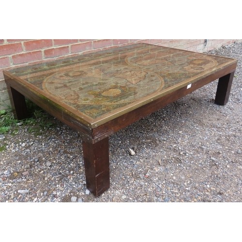 819 - A large vintage mahogany brass bound coffee table, the glass top enclosing a Mappe Mondi (medieval w... 