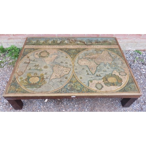 819 - A large vintage mahogany brass bound coffee table, the glass top enclosing a Mappe Mondi (medieval w... 