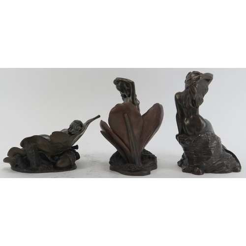 300C - A group of three bronzed erotic female figures, late 20th century. Comprising a mermaid on a rock, a... 