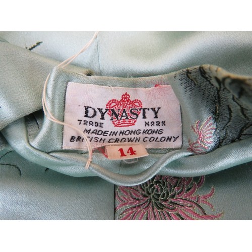 161 - A vintage Chinese ladies mint green silk embroidered dress, circa 1950s. Label marked ‘Dynasty - Mad... 