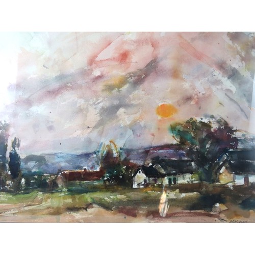 593 - Laszlo Bod (Hungarian 1920-2002) - A framed and glazed watercolour, landscape scene with houses, sig... 