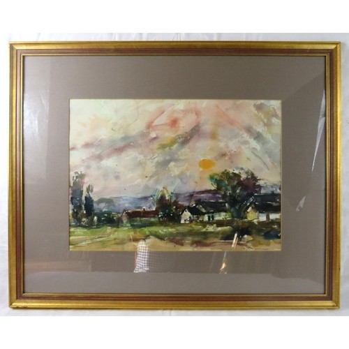 593 - Laszlo Bod (Hungarian 1920-2002) - A framed and glazed watercolour, landscape scene with houses, sig... 