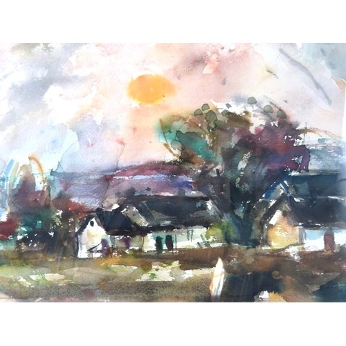 593 - Laszlo Bod (Hungarian 1920-2002) - A framed and glazed watercolour, landscape scene with houses, sig... 