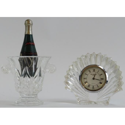 238 - A Waterford novelty crystal champagne bucket of campagna urn form and a bedside clock of scallop she... 