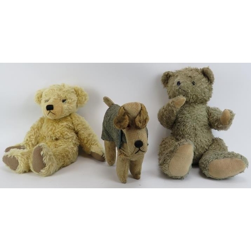 241 - Toys: Two vintage stuffed teddy bears and a dog with winter coat. (3 items) Dog: 23 cm approximate h... 