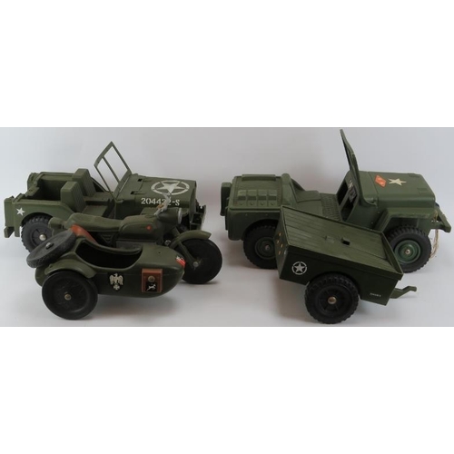 251 - Action Man: Two Jeep vehicles with trailer and a motorcycle with side car. (4 items). 
Condition rep... 