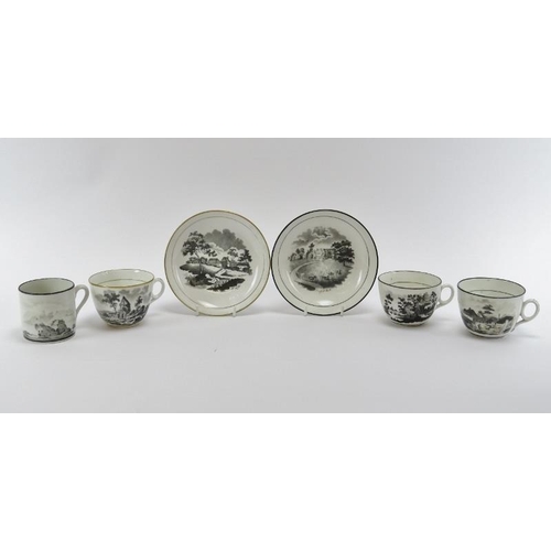 264 - A group of Newhall bat printed tea cups, saucers and a coffee can, early 19th century. Notable items... 