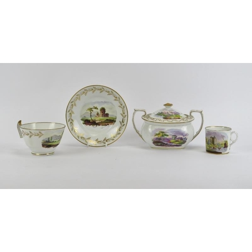 266 - A Newhall polychrome painted twin handled sugar bowl and cover, a coffee can and a large teacup and ... 