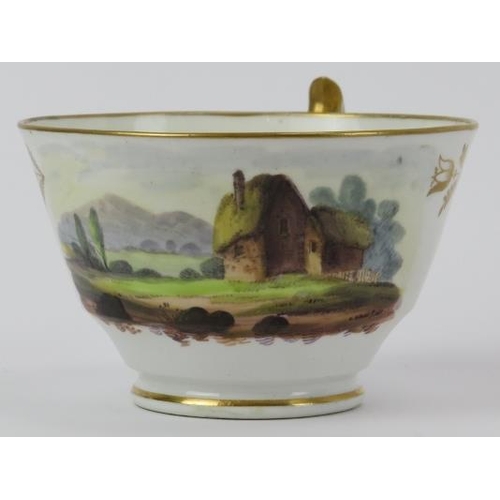 266 - A Newhall polychrome painted twin handled sugar bowl and cover, a coffee can and a large teacup and ... 