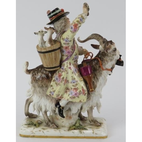 27 - A Meissen porcelain figure of a tailor riding a goat modelled after Count von Bruhl, 19th century. F... 