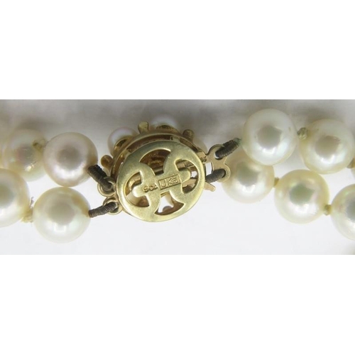 344 - A double strand individually knotted pearl necklace on a 9ct yellow gold pearl clasp, makers JKa. Ea... 