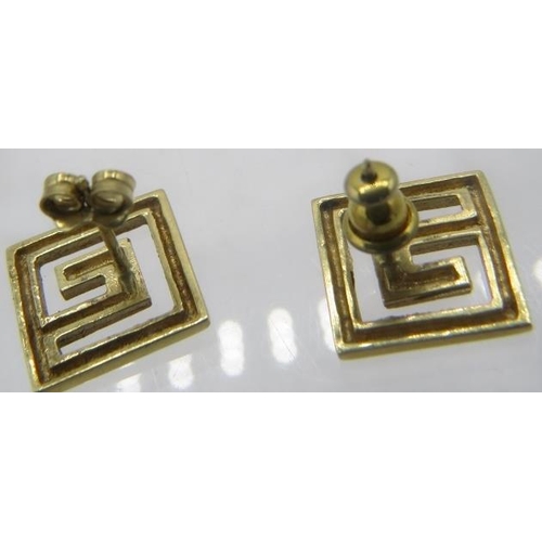 351 - A pair of 18ct yellow gold Greek Key design earrings. Approx 5 grams.
Condition report: Slight surfa... 