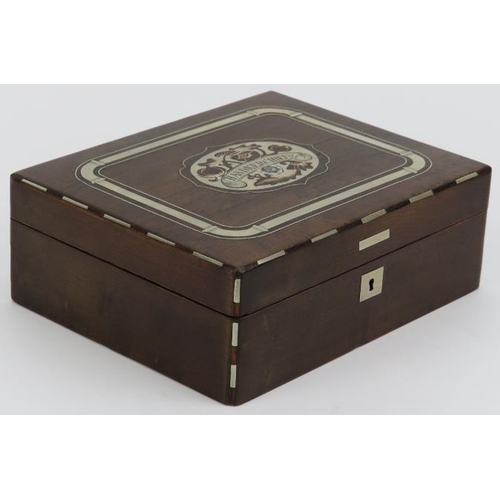 38 - A walnut and rosewood handkerchiefs box inlaid with white metal and mother of pearl decoration, earl... 