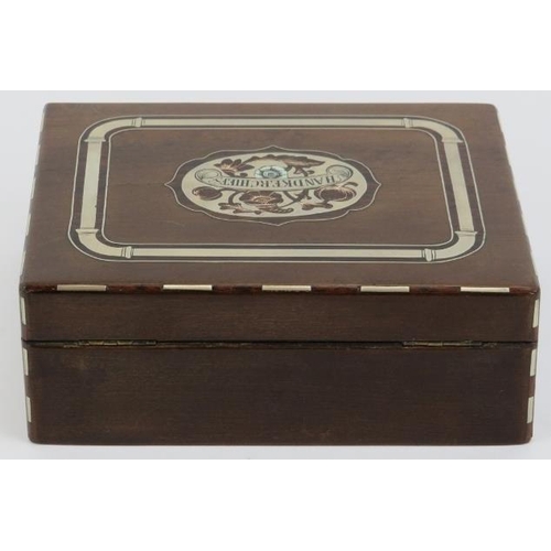 38 - A walnut and rosewood handkerchiefs box inlaid with white metal and mother of pearl decoration, earl... 