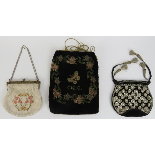 55 - Fashion: Three vintage and antique ladies evening bags. Comprising a Victorian handbag with needlewo... 