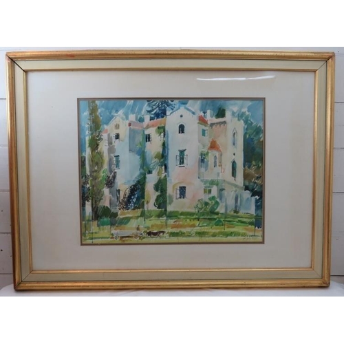 550 - Denes Gulyas (20th century) - A framed and glazed watercolour depicting a chateau with horse and car... 