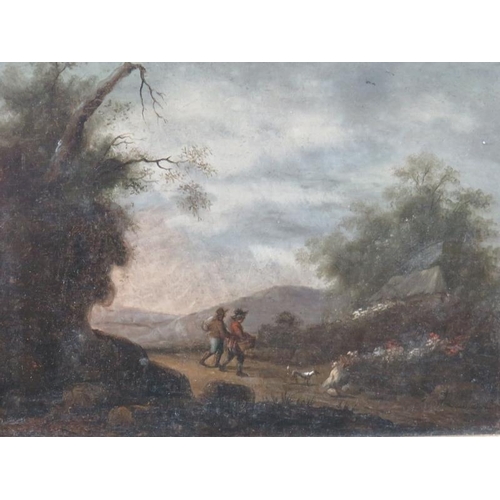 556 - Late 17th/18th Century, British School, oil on oak panel, figures on a country path with their dog, ... 