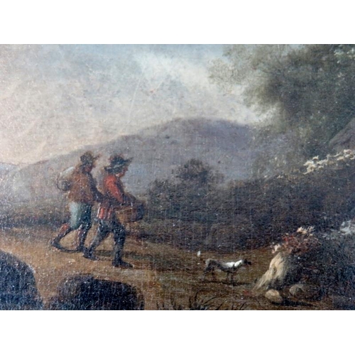 556 - Late 17th/18th Century, British School, oil on oak panel, figures on a country path with their dog, ... 