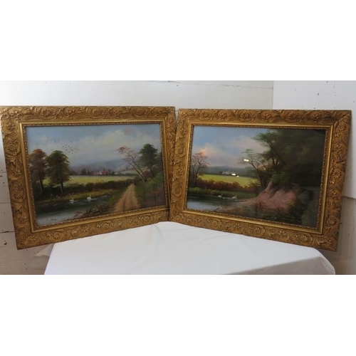 559 - Pair Victorian oils under glass, F. Johan, 19th Century, river landscape with swans and birds in fli... 