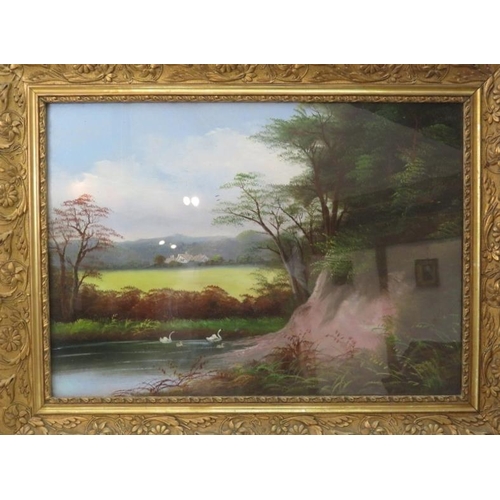 559 - Pair Victorian oils under glass, F. Johan, 19th Century, river landscape with swans and birds in fli... 