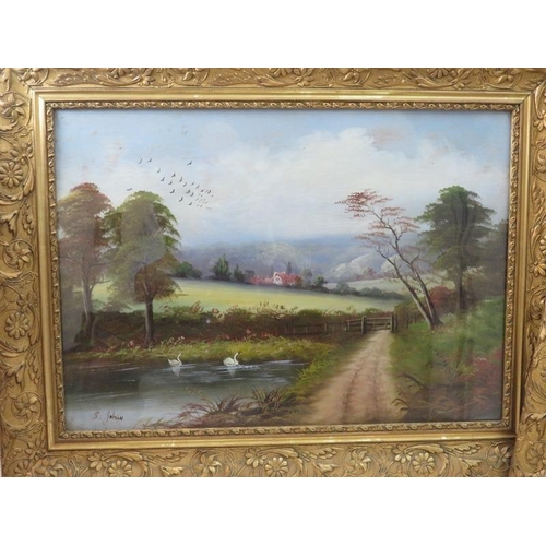 559 - Pair Victorian oils under glass, F. Johan, 19th Century, river landscape with swans and birds in fli... 