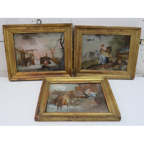 560 - Three Georgian framed pictures under glass, after George Morland, country rural scenes of everyday l... 