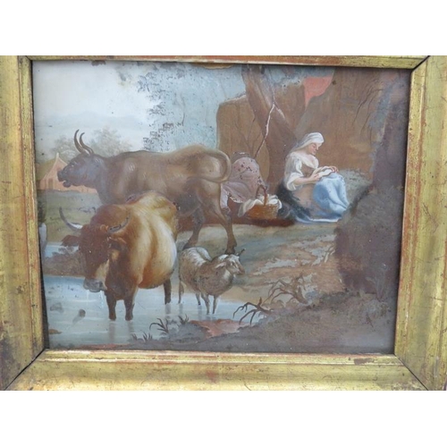 560 - Three Georgian framed pictures under glass, after George Morland, country rural scenes of everyday l... 