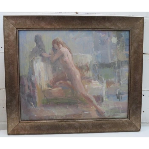 562 - Bernard Dunston RA, (1920-2017) - A framed oil on board, nude study of a young lady, 37cm x 45cm, la... 