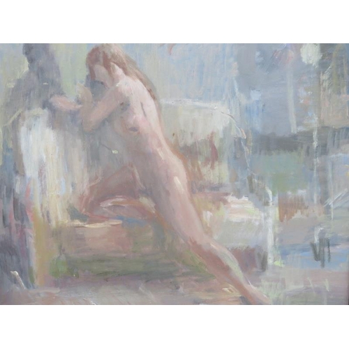 562 - Bernard Dunston RA, (1920-2017) - A framed oil on board, nude study of a young lady, 37cm x 45cm, la... 