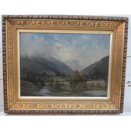 568 - British oil on canvas, late 19th/20th Century. Mountainous landscape scene with lake to fire ground,... 