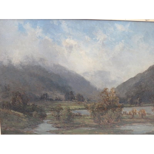 568 - British oil on canvas, late 19th/20th Century. Mountainous landscape scene with lake to fire ground,... 