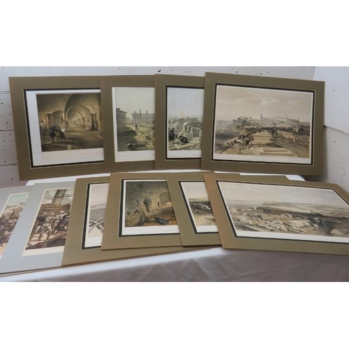 572 - 10 unframed 19th Century engravings/plates with mounts, to include interior of Fort Nicholas, excava... 