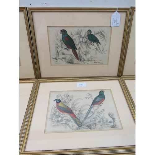 574 - Eight framed and glazed coloured plates, 6 studies of birds and two of animals, 15cm x 24cm each app... 