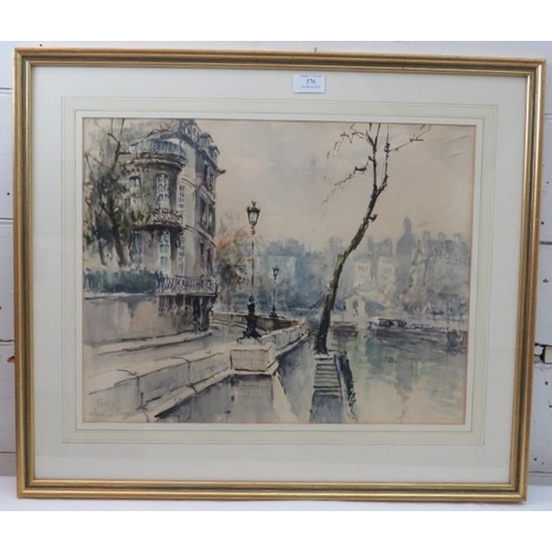 576 - Framed and glazed watercolour, Paris street scene, signed lower right indistinctly, 37cm x 48cm.
Con... 