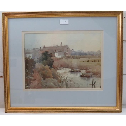 579 - William Benner, 20th Century, framed and glazed watercolour, landscape with buildings and a river in... 