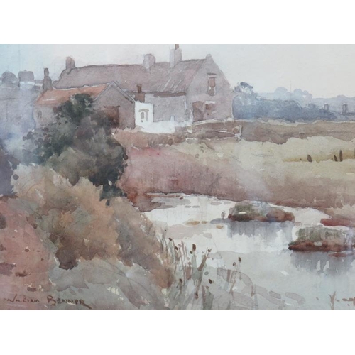 579 - William Benner, 20th Century, framed and glazed watercolour, landscape with buildings and a river in... 