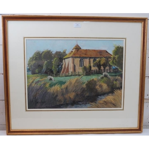 581 - John Doyle- A framed and glazed watercolour, pastel on paper, 'Easy Guldeford Church Nr. Rye', 39cm ... 