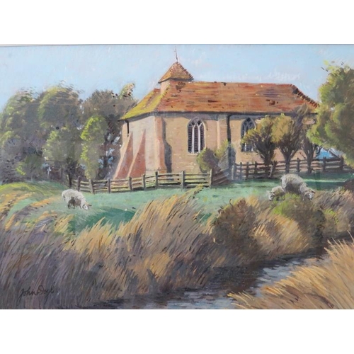 581 - John Doyle- A framed and glazed watercolour, pastel on paper, 'Easy Guldeford Church Nr. Rye', 39cm ... 