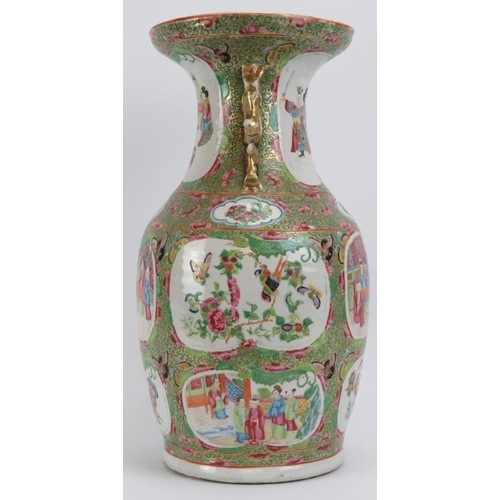 60 - A large Chinese Famille Rose Medallion twin handled porcelain vase, mid/late 19th century. 42 cm hei... 