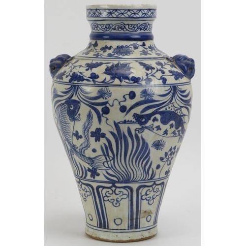 64 - A Chinese Ming dynasty style blue and white porcelain twin handled vase, 20th century. The handles m... 