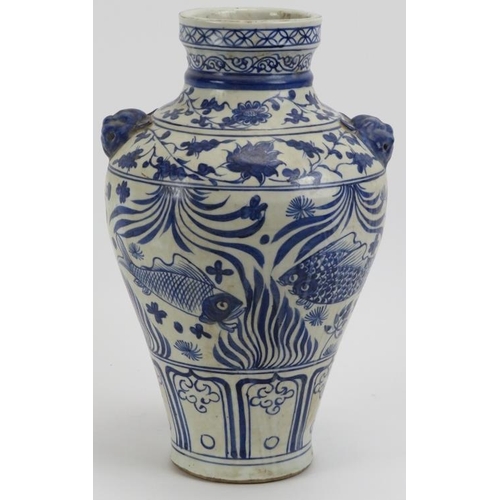 64 - A Chinese Ming dynasty style blue and white porcelain twin handled vase, 20th century. The handles m... 